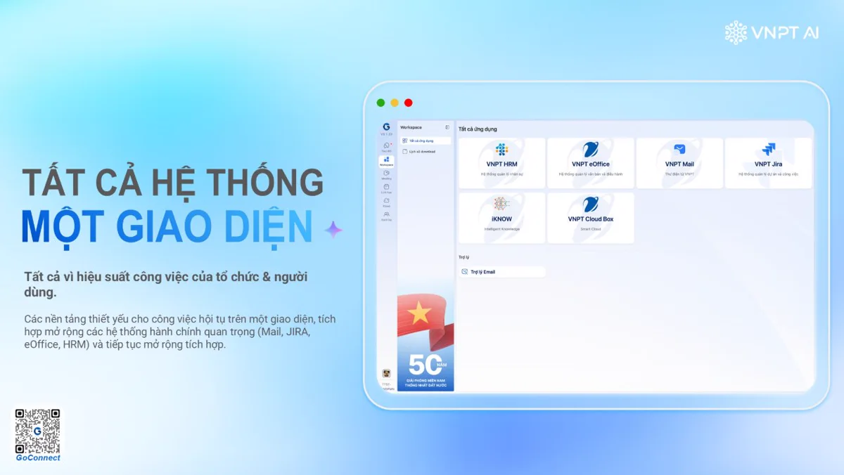 Workspace hội tụ các ứng dụng công việc (Mail, eOffice, HRM, Jira, iKNOW…) trên một giao diện.