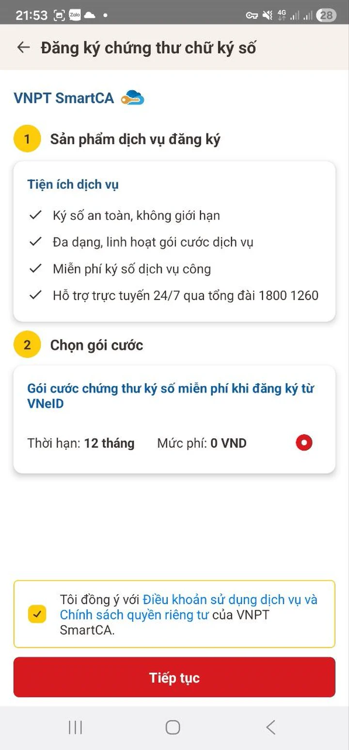 Gói chứng thư ký số miễn phí khi đăng ký từ VNeID: thời hạn 12 tháng, mức phí 0đ (dùng cho dịch vụ công).