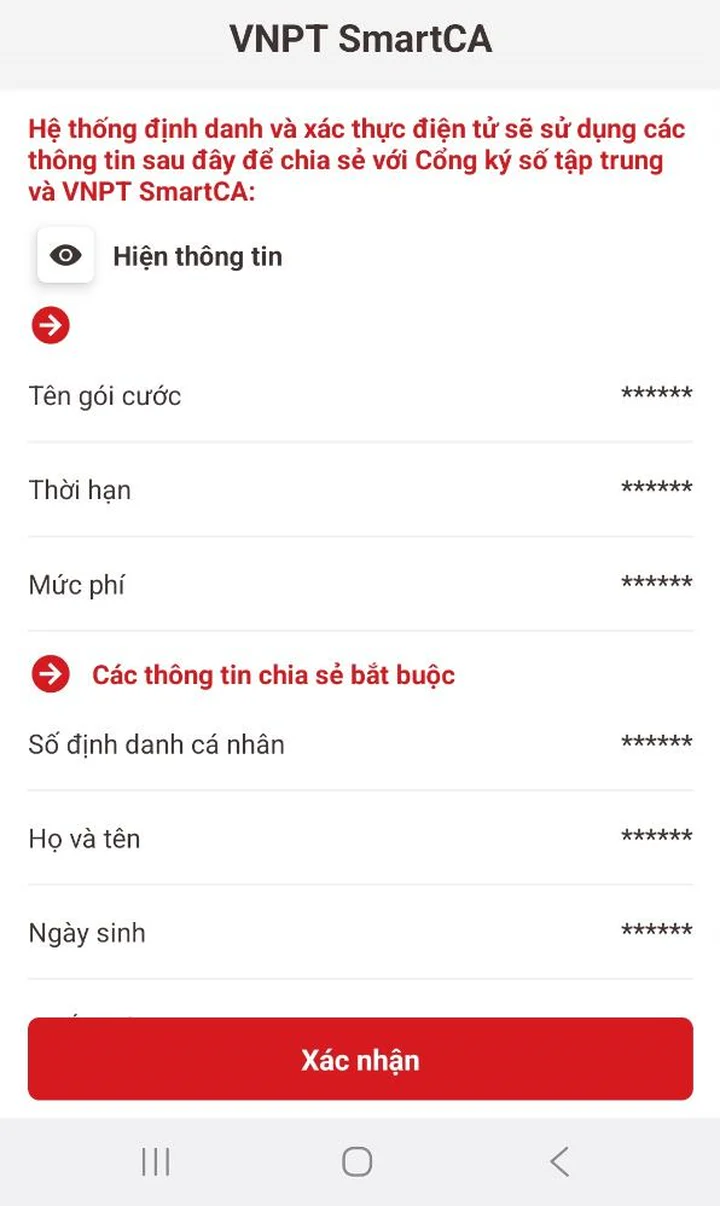 Xác nhận chia sẻ thông tin để cấp chứng thư (các trường thông tin cá nhân được ứng dụng ẩn).