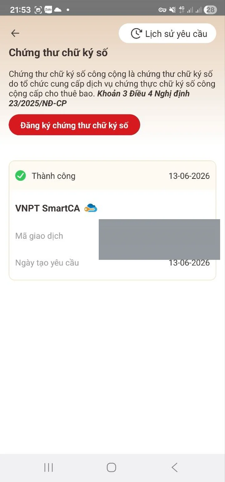 Bấm “Đăng ký chứng thư chữ ký số” (mã giao dịch đã được che).